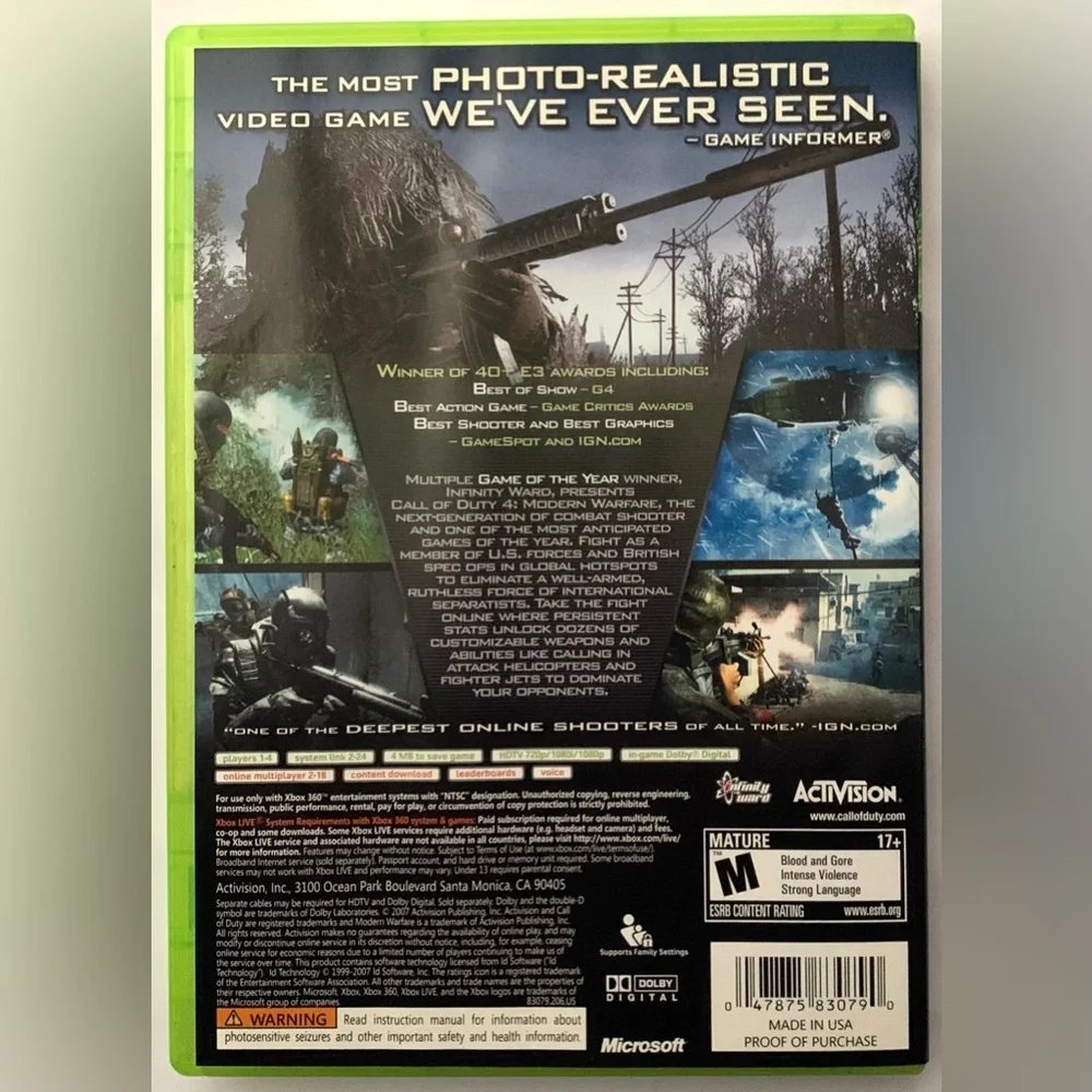 Call of Duty 4 Modern Warfare Game XBox 360 2007 Disc, Instructions, Case EUC